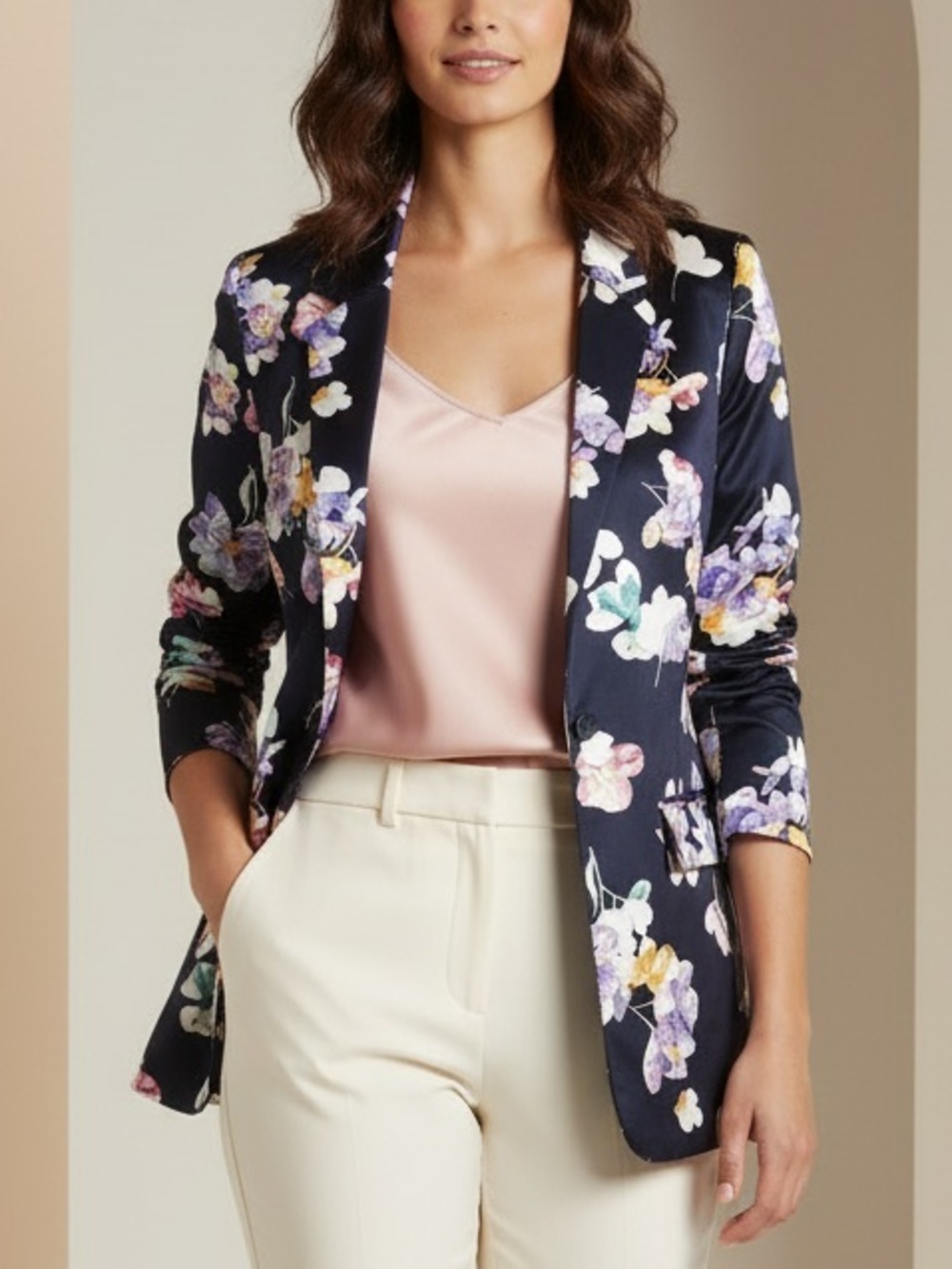 A New Day Navy Blue Floral Satin Blazer Jacket